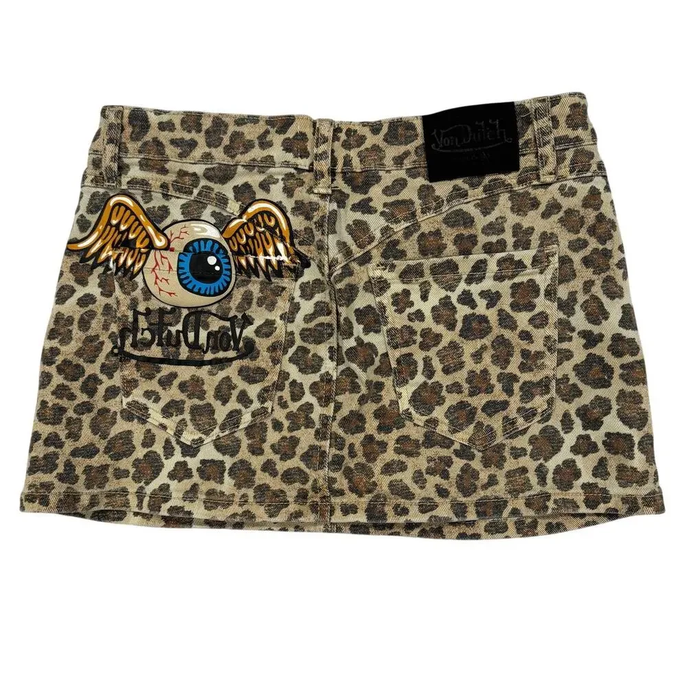 Von Dutch Originals Leopard Print Y2K Mini Skirt Flying Eyeball Women Size S EUC - Picture 2 of 11